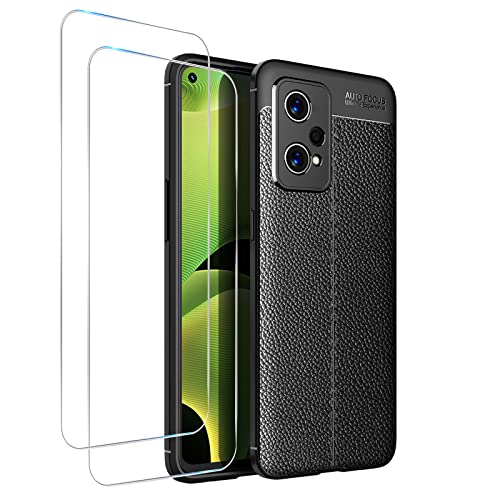 GMUJIAO Funda para Realme 9 Pro Plus,Estuche Antideslizante con Patrón de Lichi,Estuche de TPU Suave Ultradelgado y Duradero con 2 Protectores de Pantalla de Vidrio Templado [Ultradelgado]-Negro