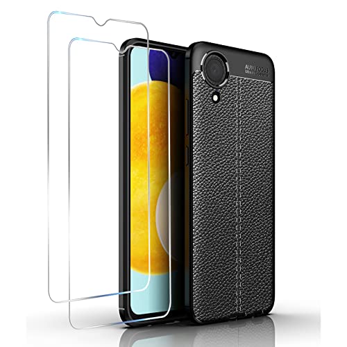 GMUJIAO Funda para Samsung Galaxy A03 Core,Estuche Antideslizante con Patrón de Lichi,Estuche de TPU Suave Ultradelgado y Duradero con 2 Protectores de Pantalla de Vidrio Templado [Ultradelgado]-Negro