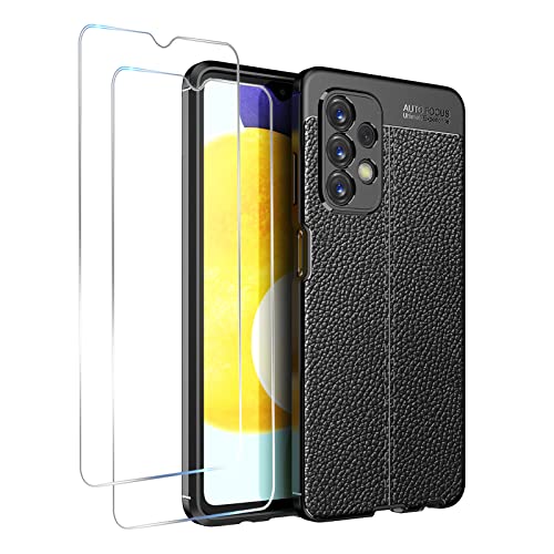 GMUJIAO Funda para Samsung Galaxy A23,Estuche Antideslizante con Patrón de Lichi,Estuche de TPU Suave Ultradelgado y Duradero con 2 Protectores de Pantalla de Vidrio Templado [Ultradelgado]-Negro