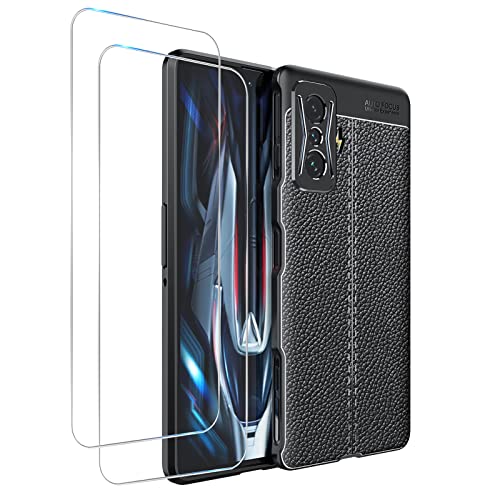 GMUJIAO Funda para Xiaomi Redmi K50 Gaming,Estuche Antideslizante con Patrón de Lichi,Estuche de TPU Suave Ultradelgado y Duradero con 2 Protectores de Pantalla de Vidrio Templado [Ultradelgado]-Negro