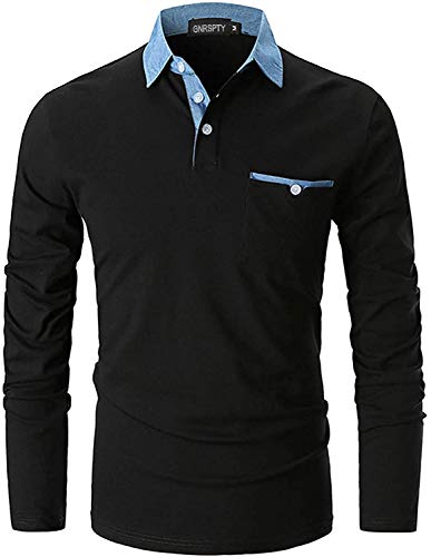 GNRSPTY Polo Hombre Manga Larga Denim Cuello Camisetas Algodón Camisas T-Shirt Golf Tennis Otoño Invierno Oficina,Negro,XL