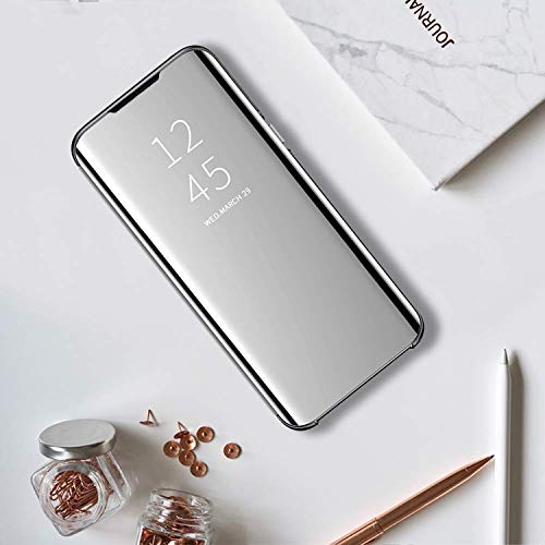 GOGME Funda para Samsung Galaxy A12 / M12, Mirror Funda Inteligente, PU/PC Flip Cover Case Espejo Enchapado Window View Protectora Carcasa con Soporte Plegable. Plata