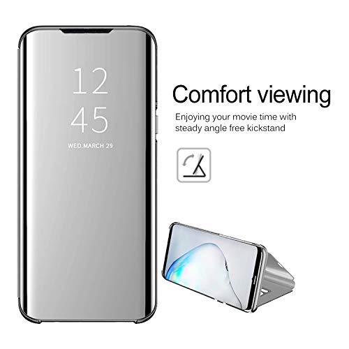 GOGME Funda para Samsung Galaxy A12 / M12, Mirror Funda Inteligente, PU/PC Flip Cover Case Espejo Enchapado Window View Protectora Carcasa con Soporte Plegable. Plata