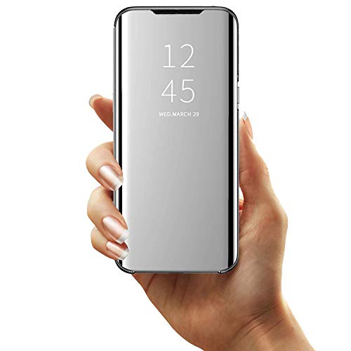 GOGME Funda para Samsung Galaxy A12 / M12, Mirror Funda Inteligente, PU/PC Flip Cover Case Espejo Enchapado Window View Protectora Carcasa con Soporte Plegable. Plata