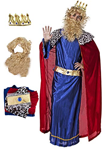 Gojoy shop- Disfraz de Corona de Rey Mago Baltasar, Caspar ó Melchor para Hombres Navidad Carnaval (Contiene Corona, Conjunto Peluca y Barba, Túnica, Capa, Cinturón y Mochila de Cuerdas) (Caspar)