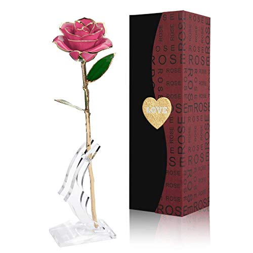 Gomyhom Rosa 24K, Rosa de Oro Chapada en Oro con Caja de Regalo para Madre para Amor en el Día de San Valentín para Aniversario para Amigos como Un Regalo de Cumpleaños (Rosa)