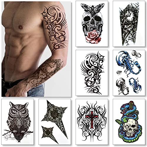 Grandes Calcomanías para Tatuajes de Transferencia Temporal para Hombres Niños y Adolescentes (8 hojas) - Pegatinas Falsas - Brazos Hombros Pecho Piernas Espalda Tatuajes Realistas a Prueba de Agua