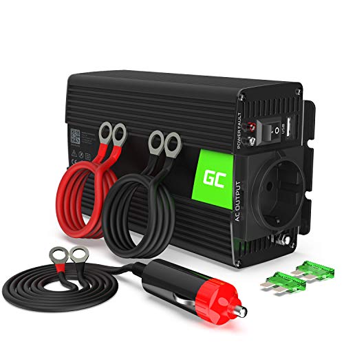 Green Cell® 300W/600W 12V a 220V/230V Onda sinusoidal Pura Inversor de Corriente DC AC Power Inverter Transformador de Voltaje para Coche Camion con Puerto USB y Pinzas de conexión a batería