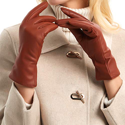 Guantes de cuero para mujer Pantalla táctil con forro de cachemira Guantes de conducción de piel de oveja cálidos de invierno，Borgoña，M