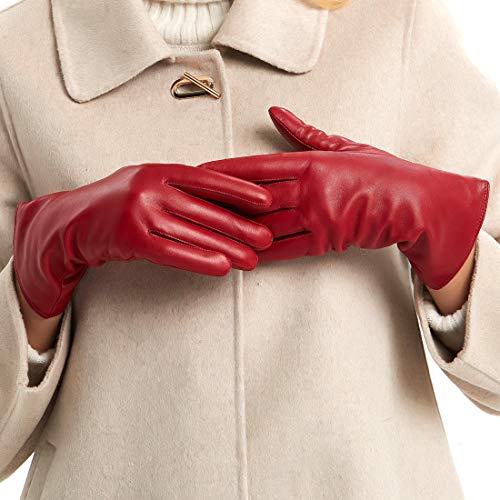 Guantes de cuero para mujer Pantalla táctil con forro de cachemira Guantes de conducción de piel de oveja cálidos de invierno，Borgoña，M