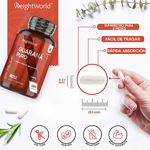 Guaraná Cápsulas Puro Dosis Alta 2400mg 180 Cápsulas Vegano - Suplemento Dietético de Extracto de Guaraná, 3 Meses de Suministro, Ingredientes de Origen Natural, Con 2 veces más Cafeína que el Café