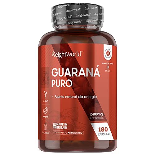 Guaraná Cápsulas Puro Dosis Alta 2400mg 180 Cápsulas Vegano - Suplemento Dietético de Extracto de Guaraná, 3 Meses de Suministro, Ingredientes de Origen Natural, Con 2 veces más Cafeína que el Café