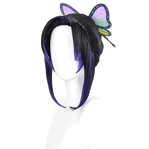 GZIRUE Peluca Shinobu Kocho Cosplay Wig Peluca Morada Negra con Pinza de Pelo de Mariposa Disfraz de Anime