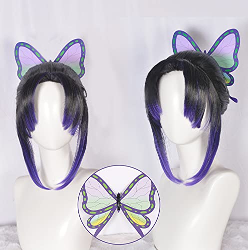 GZIRUE Peluca Shinobu Kocho Cosplay Wig Peluca Morada Negra con Pinza de Pelo de Mariposa Disfraz de Anime