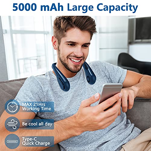 HandFan 5000mAh Ventilador Portatil Cuello Bateria Recargable,4 Velocidades, 21 Horas De Tiempo De Trabajo，Mini Ventilador USB Para Coche Deporte Oficina Hogar Viajar Acampar (Blue, 5000mAh)