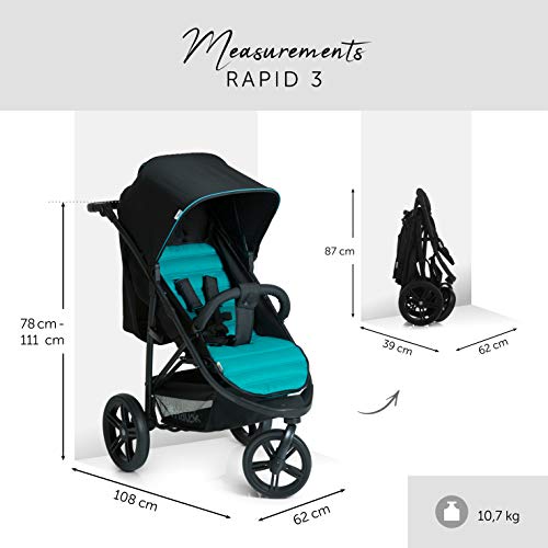 Hauck Rapid 3 - silla de paseo de 3 ruedas con posiciones en respaldo, plegado compacto con solo una mano, manillar regulable, desde nacimiento hasta 25kg, Caviar / Turquesa, 1 Unidad (Paquete de 1)