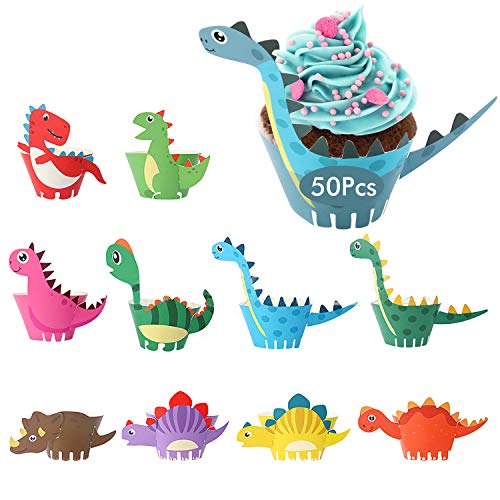 HENTEK Cupcake de Dinosaurio, 50 Sets Envoltorios de Pastel Estegosaurio Tiranosaurio Triceratops Plesiosaurio Suministros de Fiestas Temáticas Jurásico Baby Shower Carnaval