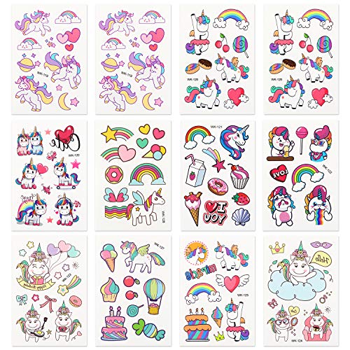 Herefun Tatuajes de Niños, Tatuajes Temporales Kit, 12Pcs Unicornio Tatuajes Temporales, Tatuajes Temporales para Niños Falso Tatuajes Pegatinas para Cumpleaños de Niños Regalo