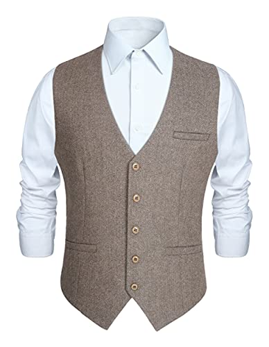 HISDERN Chaleco Formal Tweed Hombre Boda Lana Chalecos de Traje para Hombres Marrón XL