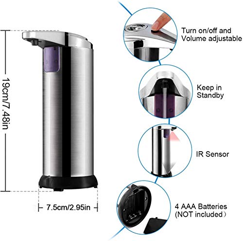 HJRUIUA Dispensador de Jabón Automático de Acero Inoxidable, Sensor de Movimiento por Infrarrojos, Base Impermeable, Interruptor Ajustable, para Baño, Cocinas, Hotel, Jabón Líquido, Champú, etc