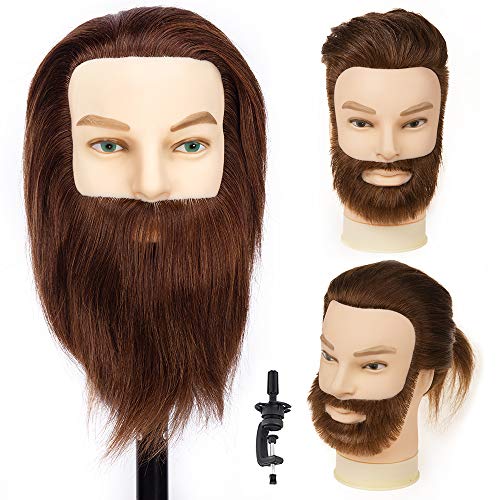 HLRM Cabeza Maniquí hombre barba y bigote 100% Pelo Natural Peluqueria practicas Formación Muñeca de la Cosmetología con soporte (adecuado para decoloración y teñido)