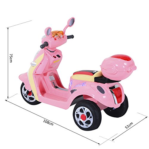 HOMCOM Coche Triciclo Moto Eléctrica Infantil Correpasillos a Batería Niños +3 años 6V Metal + PP 108x51x75cm Rosa