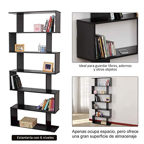 HOMCOM Estanteria Libreria 6 Estantes Madera Forma S 80x24x191 cm Estantes Color Negro