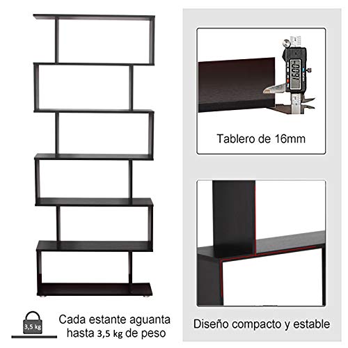 HOMCOM Estanteria Libreria 6 Estantes Madera Forma S 80x24x191 cm Estantes Color Negro