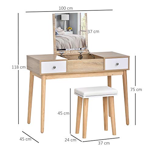 HOMCOM Tocador con Espejo Abatible Mesa de Maquillaje con Taburete Acolchado Cojín Suave Compartimentos y Cajones Patas de Madera Maciza 100x45x118 cm Color Natural