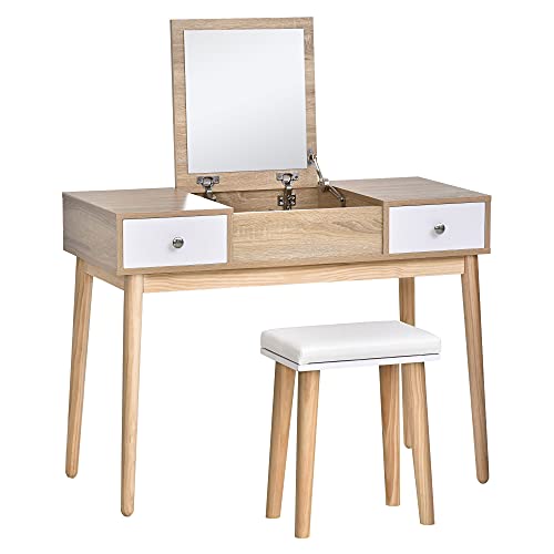 HOMCOM Tocador con Espejo Abatible Mesa de Maquillaje con Taburete Acolchado Cojín Suave Compartimentos y Cajones Patas de Madera Maciza 100x45x118 cm Color Natural