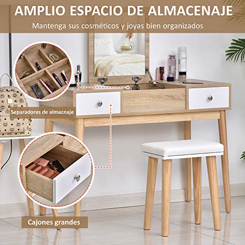 HOMCOM Tocador con Espejo Abatible Mesa de Maquillaje con Taburete Acolchado Cojín Suave Compartimentos y Cajones Patas de Madera Maciza 100x45x118 cm Color Natural