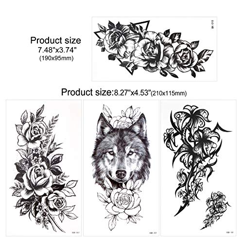 HOWAF 40hojas Tatuaje temporal negro de Gran Colección de Flores rosa Luna León Tigre Totem,Sexy Impermeables tatuajes temporales para adultos hombres y mujeres