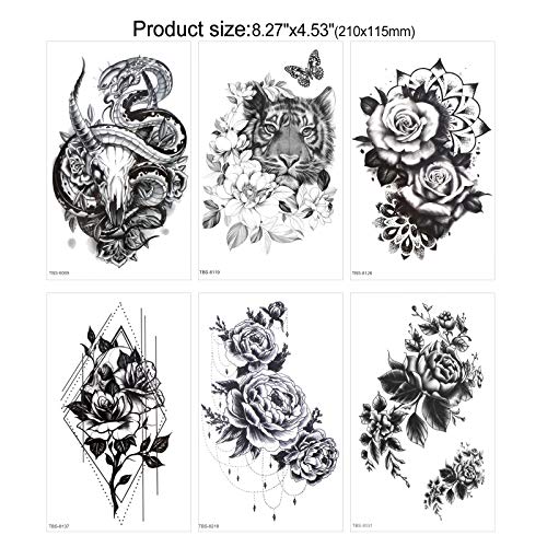 HOWAF 40hojas Tatuaje temporal negro de Gran Colección de Flores rosa Luna León Tigre Totem,Sexy Impermeables tatuajes temporales para adultos hombres y mujeres