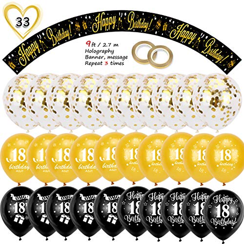 HOWAF Kit de decoración cumpleaños, 2,7 m Pancarta holográfica de Feliz cumpleaños y 18 cumpleaños Globos de Latex para Chica y Chico 18 cumpleaños decoración Fiesta de Suministros, Oro Negro