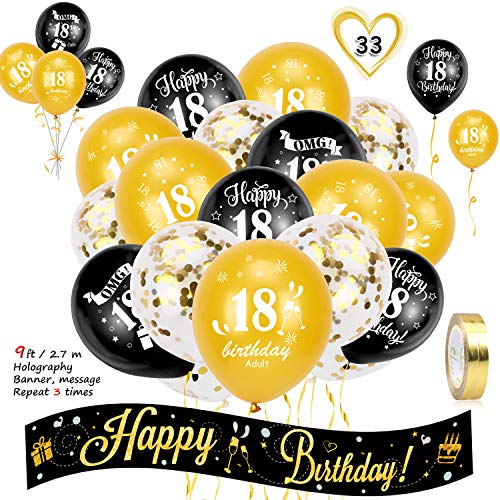 HOWAF Kit de decoración cumpleaños, 2,7 m Pancarta holográfica de Feliz cumpleaños y 18 cumpleaños Globos de Latex para Chica y Chico 18 cumpleaños decoración Fiesta de Suministros, Oro Negro