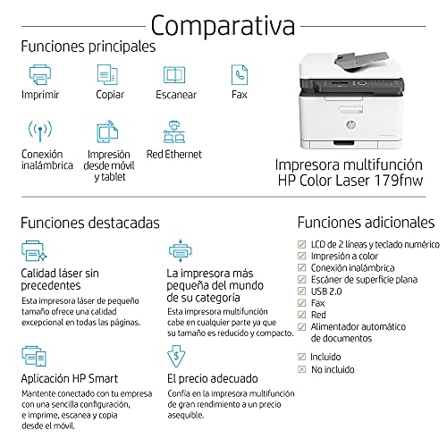 HP Color Laser MFP 179fnw 4ZB97A, Impresora Láser Color Multifunción, Imprime, Escanea, Copia y Fax, Wi-Fi, Ethernet, USB 2.0 alta velocidad, HP Smart App, Panel de Control LCD, Blanca