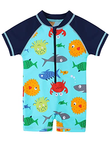 HUAANIUE Traje de baño para niños pequeñas Traje de baño de Manga Corta Traje de baño de una Pieza Zip Rash Guard Protección Solar Traje de baño UPF 50+ Natación Bañarse Ropa de Playa