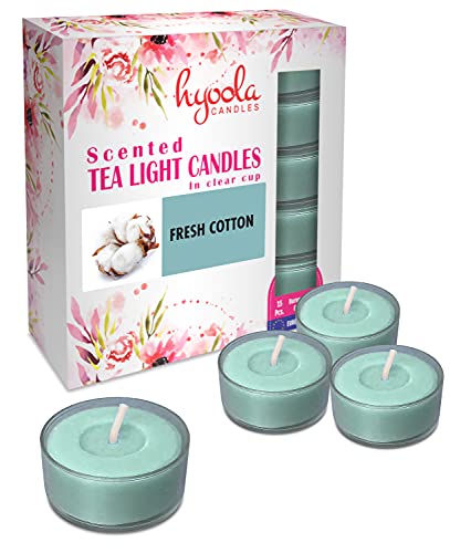 Hyoola Velas de Té Perfumadas - Velas Candelitas en Vaso Transparente - Velas Aromáticas con Aroma a Algodón Fresco - Verde Claro - 6 Horas de Combustión - Pack de 15 - Hechas en Europa