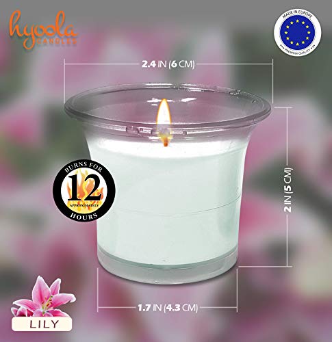 Hyoola Velas Votivas con Perfume - Velas Aromáticas en Vaso Transparente - Velas Perfumadas con Lirio - Blanco - 12 Horas de Combustión - Pack de 4 - Hechas en Europa