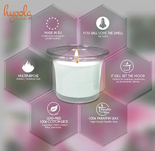 Hyoola Velas Votivas con Perfume - Velas Aromáticas en Vaso Transparente - Velas Perfumadas con Lirio - Blanco - 12 Horas de Combustión - Pack de 4 - Hechas en Europa