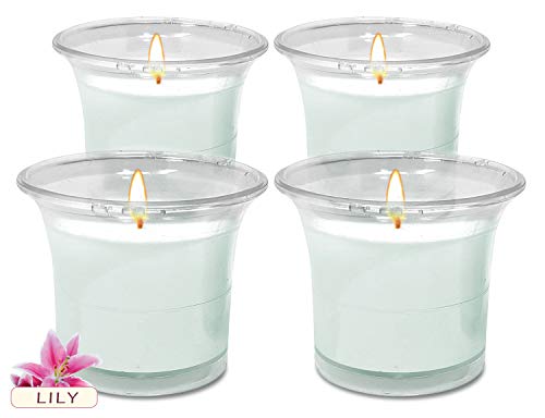 Hyoola Velas Votivas con Perfume - Velas Aromáticas en Vaso Transparente - Velas Perfumadas con Lirio - Blanco - 12 Horas de Combustión - Pack de 4 - Hechas en Europa