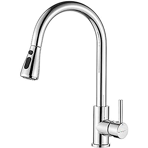 Ibergrif M22136 Grifo de Cocina con Teleducha Extraíble, Mezclador de Fregadero, Ahorro de Agua, Cromo, Plata