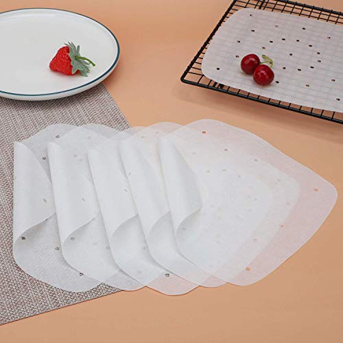 Ideal Swan 200 Piezas Papel Freidora Aire Forros Cuadrados para freidoras de Aire 21.6 cm Alfombrilla de Vapor Antiadherente, Papel de pergamino sin blanquear Perforado para Hornear Galletas - Blanco