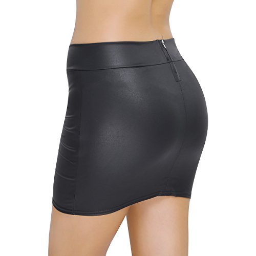 iiniim Falda de Lápiz Corta de Cuero Cintura Alta Sexy Mujer Bodycon Cadera Atractivo Falda Tubo de Piel Sintética Elástica Básica Erotico Club Talla Grande S-XXXL Negro Negro M