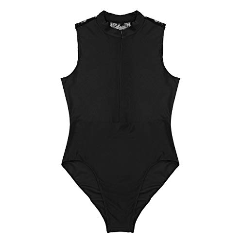 iiniim Maillot de Ballet Gimnasia Ritmica Mujer Espalda Encaje Body de Danza Cuello Alto Leotardo Gimnasia sin Mangas Disfraz Bailarina Elegante Vintage para Chicas Negro Large