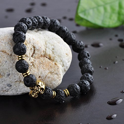 Infinito U- Pulsera Unisex con Diseño de Calavera Dorado con Perlas de 9 mm de Piedra de Lava Uniones de Aleación Elástica para Terapia Yoga Meditación Color Negro