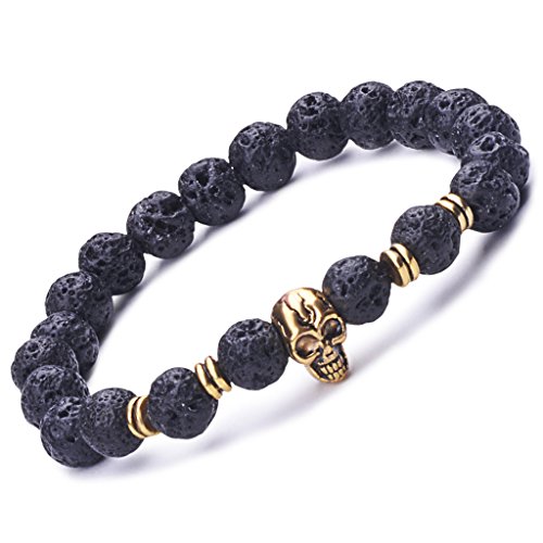 Infinito U- Pulsera Unisex con Diseño de Calavera Dorado con Perlas de 9 mm de Piedra de Lava Uniones de Aleación Elástica para Terapia Yoga Meditación Color Negro