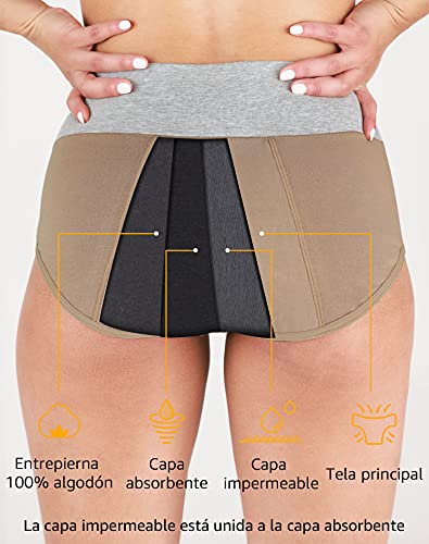 INNERSY Bragas Mujer Período Menstruales de Cintura Alta de Algodón Protección Ropa Interior Pack de 3(S-EU 38, Amarillo + Azul + Caqui)