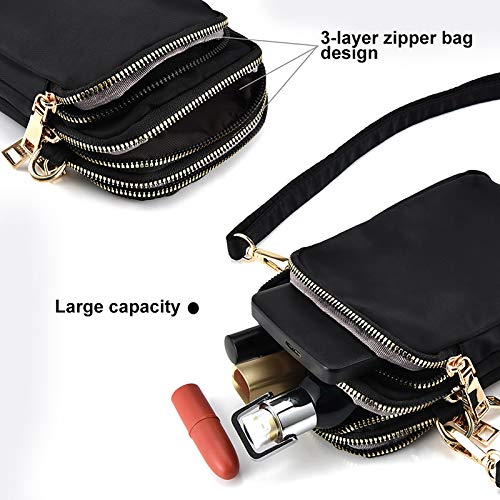 INSOUR Bolso bandolera para teléfono para mujer Metal de nailon negro con bolsa con cremallera Bolso pequeño para teléfono de gran capacidad de 3 capas Tarjeta de crédito - Negro