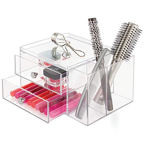 InterDesign Drawers Caja con compartimentos | Caja de maquillaje con 2 cajones y bandeja superior | Organizador de maquillaje o artículos de oficina | Plástico transparente